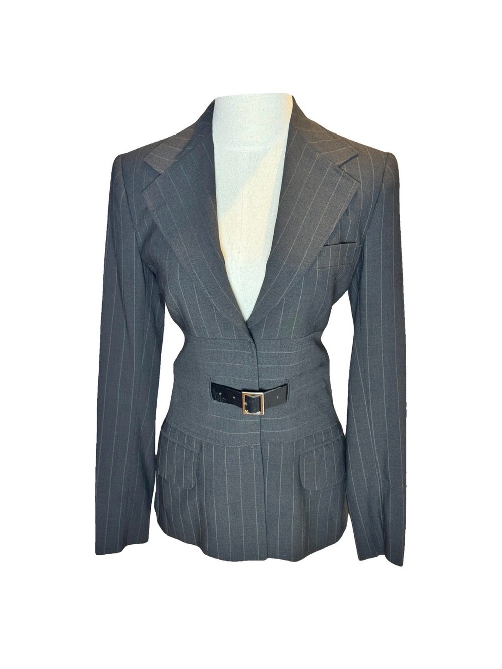 Dolce & Gabbana Charcoal Pinstripe Tailored Blazer with Waist Belt